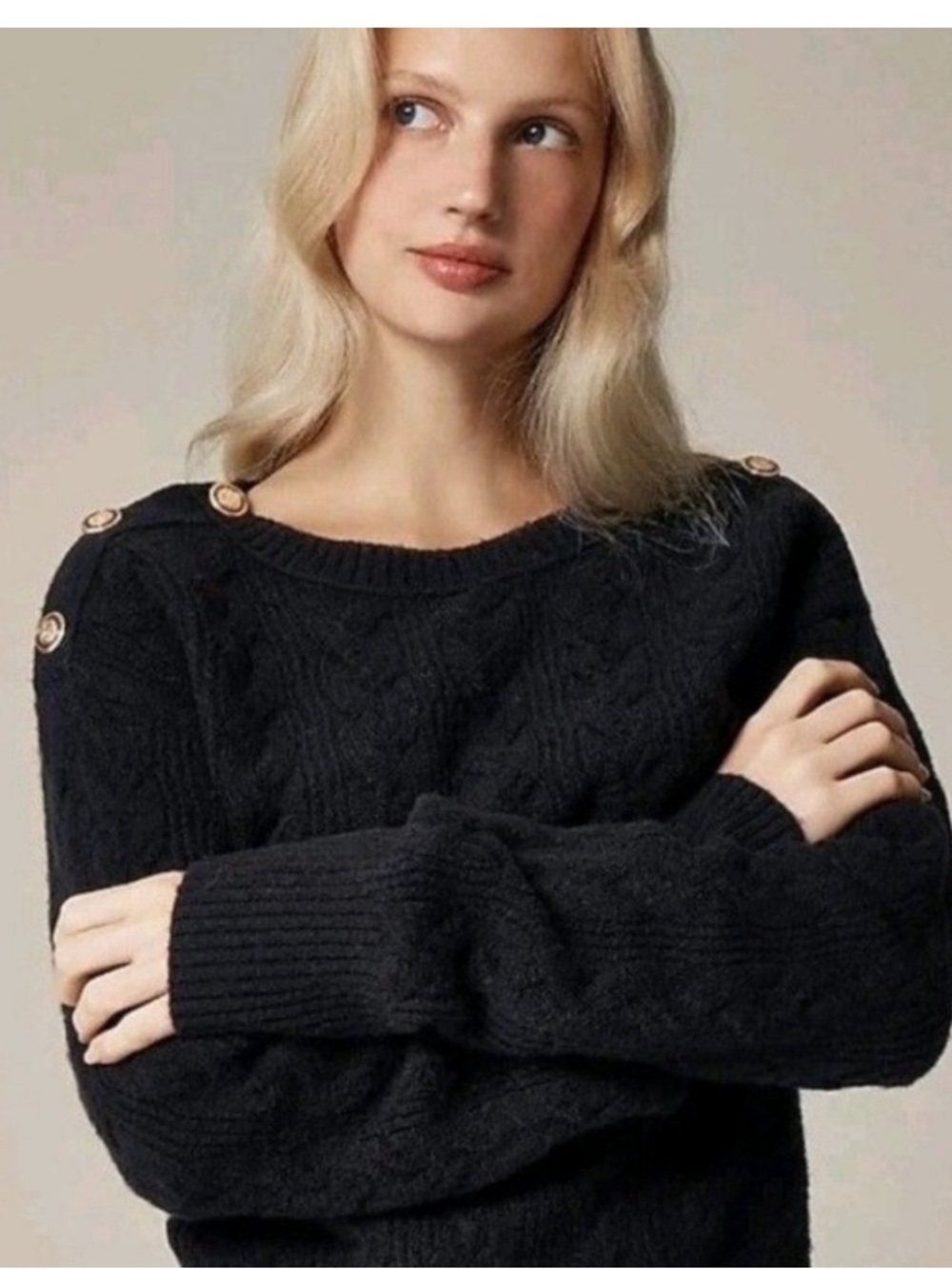 J. Crew Cable Knit Sweater Button Shoulder Supersoft Yarn Black Small